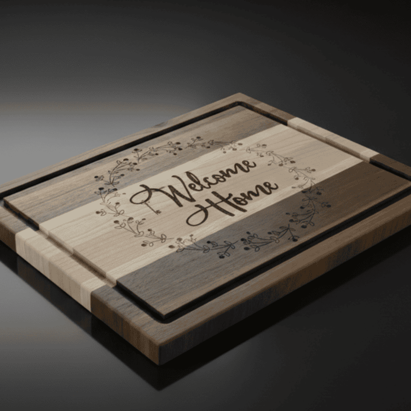 A rectangular wooden cutting board with a striped pattern of light and dark wood, featuring a central light wood inlay engraved with the words 'Welcome Home' in a cursive font. The board is shown at an angle on a dark, reflective surface.